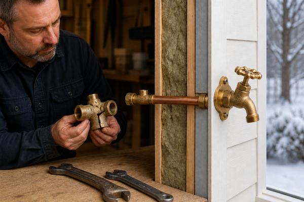 Technician holds a disconnected freeze-cracked hose-bib body beside a separate long-stem wall faucet installed through an insulated wall mock-up.