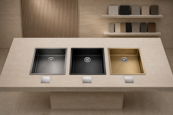Three complete colored stainless-steel sink finish concepts in gunmetal, satin black and champagne, each with a visible drain.
