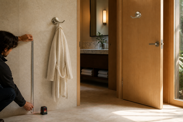 Architect measures a wall-mounted robe hook from the finished floor while a second matching hook is coordinated on the bathroom door.