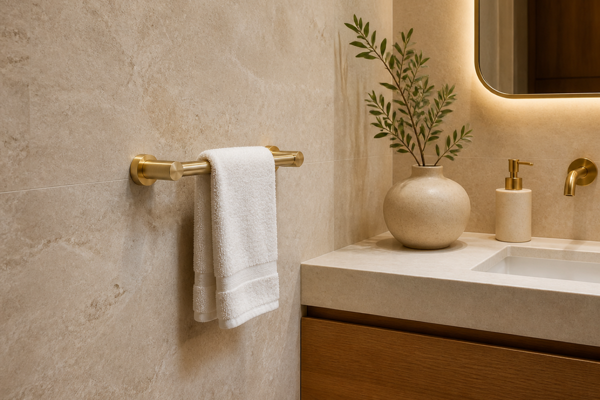 Complete petite brass towel bar with two end posts and a folded hand towel beside a compact upscale powder-room vanity.