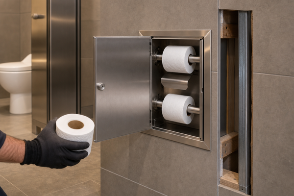 Facilities technician services a complete recessed stainless two-roll toilet tissue dispenser beside a visible wall cavity and backing cutaway.