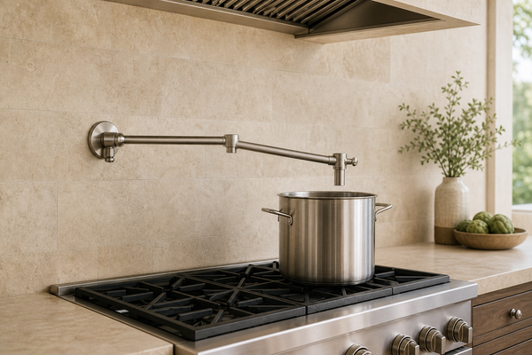 Brushed-nickel wall-mounted pot filler with two serial folding arms and a downspout aligned above a stockpot on a professional range