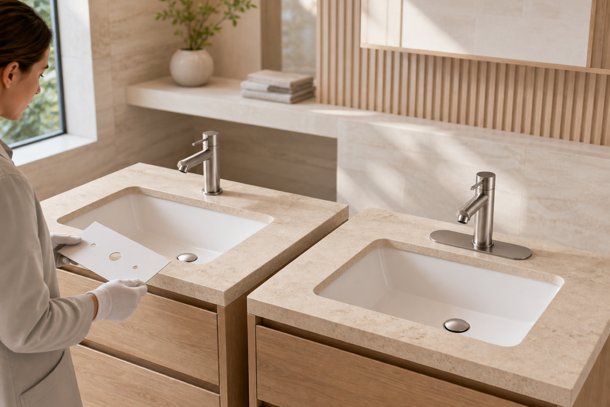 Two complete vanity mock-ups compare a single-hole bathroom faucet mounted directly with the same mount family using a full deck plate over a three-hole deck.