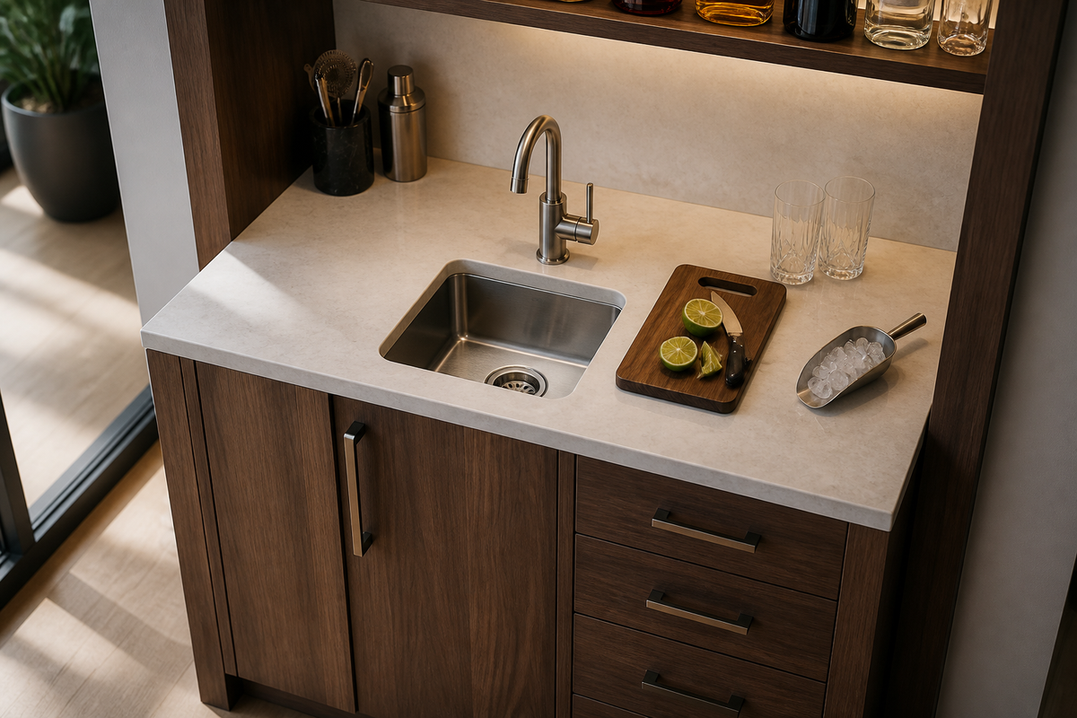 Compact stainless-steel bar sink installed in a narrow hospitality beverage station