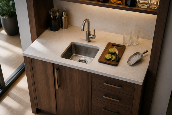Compact stainless-steel bar sink installed in a narrow hospitality beverage station