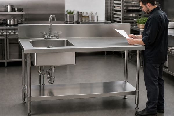 Complete commercial stainless prep worktable with integrated sink, visible drain, faucet, backsplash, prep zone, undershelf, legs and service plumbing.