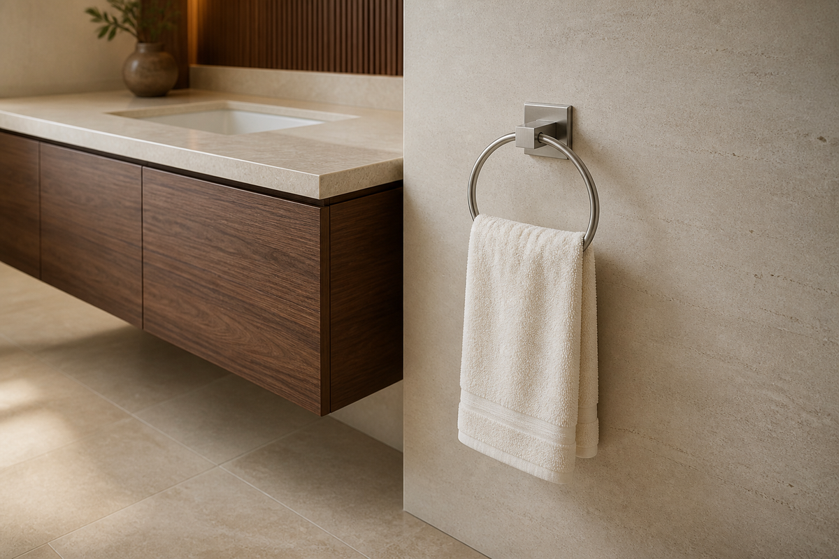 Complete brushed-nickel towel ring with a hand towel beside a stone and walnut vanity