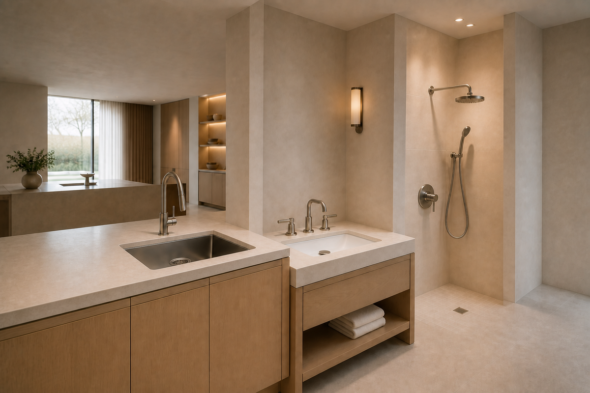 Premium specification showroom with complete pull-down kitchen, widespread bathroom and concealed shower faucet installations, each paired with a visible drain.