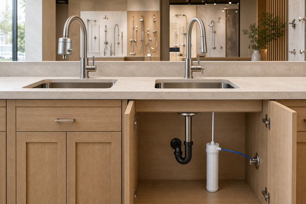 Faucet-mounted filter beside a separate filtration faucet with an under-sink cartridge and isolated water tubing