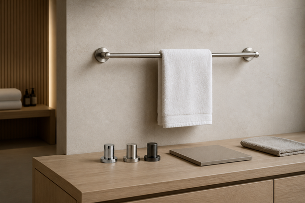 Complete hotel towel bar with a white hand towel and chrome, brushed-nickel and gunmetal finish samples