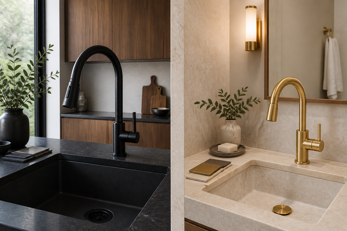 Two refined installed interiors show a complete matte-black kitchen faucet and complete brushed-gold lavatory faucet with basins, drains and coordinated materials.