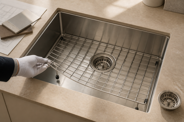Fitted stainless sink grid lifted at one corner to reveal protective feet and an opening aligned over the basket strainer