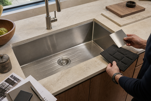 Complete installed stainless steel kitchen sink with visible drain, faucet, subtle practical surface marks, a brushed-metal coupon and a sound-control pad sample.