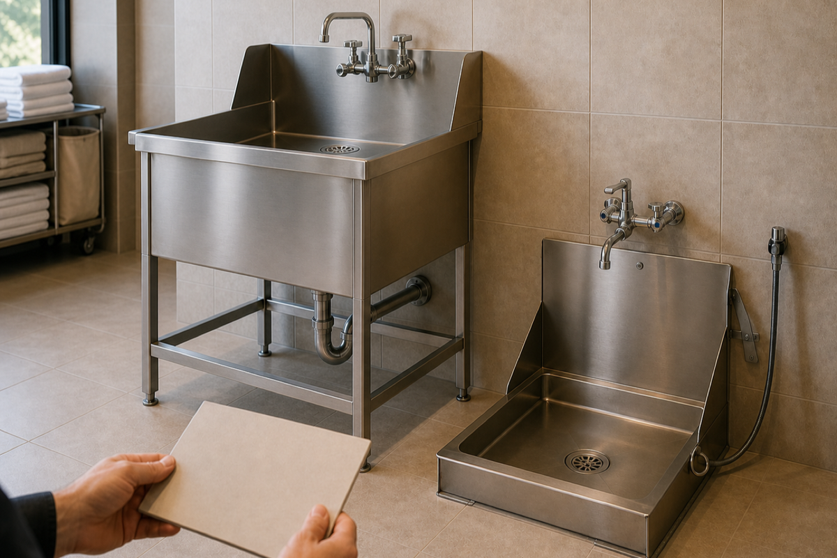 Facilities sourcing mock-up compares a standing-height deep stainless utility sink and a low mop service receptor, each with a complete faucet, drain and waste relationship.