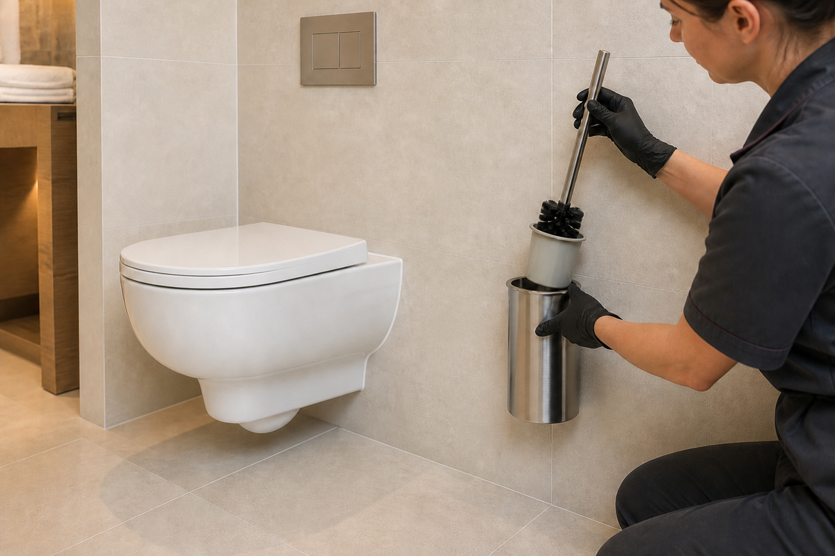 High-end hospitality restroom with complete wall-mounted toilet brush holder, contained brush, removable liner and a housekeeper on a clear service route.