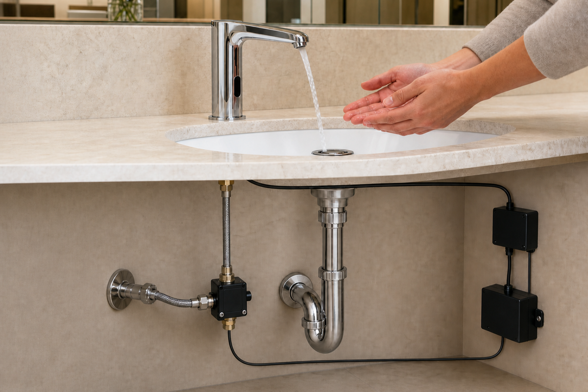 Complete touchless faucet and basin with hands in the activation zone above a visible drain, plus traceable shutoff, solenoid, water, waste, controller and power paths below deck.