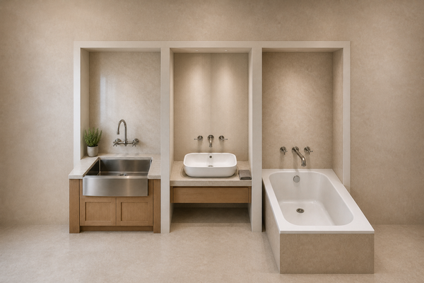 Three separate specification bays show complete wall-mount kitchen, lavatory and tub faucets with their own fixtures, controls, drains and service contexts.
