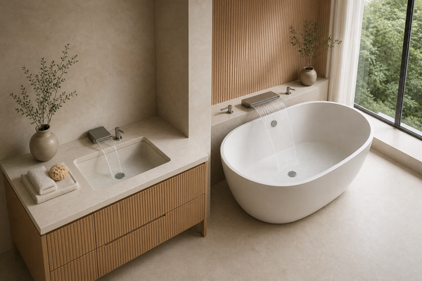 Refined bathroom with separate complete basin and tub waterfall installations; narrow and broad water sheets land inside fixtures with drains, tub overflow and controls visible.