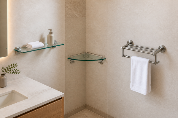 Refined bathroom specification scene with a complete wall-mounted glass shelf, a complete corner shelf and complete hotel rack-with-bar configurations supported by credible brackets and rails.