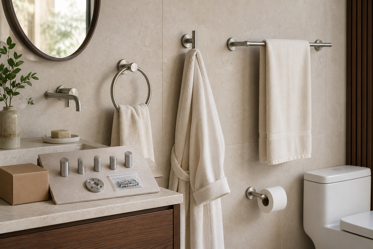 Coordinated hospitality bathroom with complete same-family towel bar, towel ring, robe hook and toilet-paper holder beside finish, mounting and packaging approval samples.