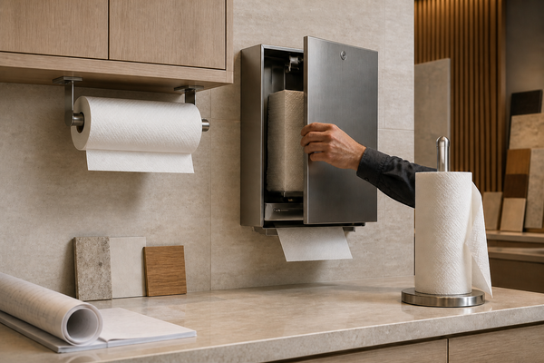 Premium sourcing mock-up compares a complete under-cabinet open paper-towel roll, a wall commercial dispenser under refill service, and a complete countertop stand.