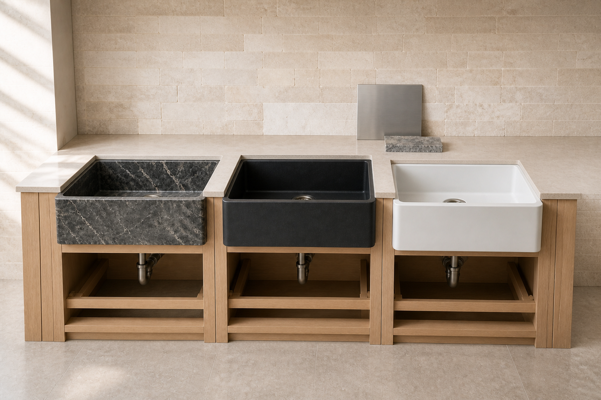 Three complete supported apron-front sink bays distinguish a natural-stone sink, a black stone-look composite sink and a white fireclay sink with visible drains and restrained material samples.