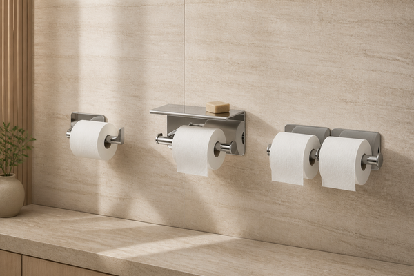 High-end wall specification mock-up compares complete open-roll, shelf-style and double-roll toilet-paper holder installations.