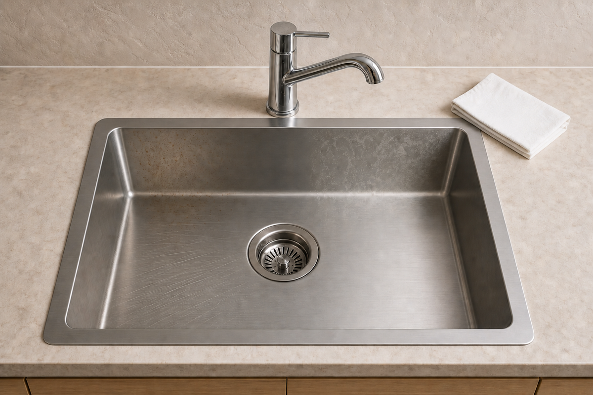 Complete stainless kitchen sink with faucet and basket drain shows separate iron-transfer staining, mineral film, directional scratches and a clean control zone with a soft microfiber cloth.