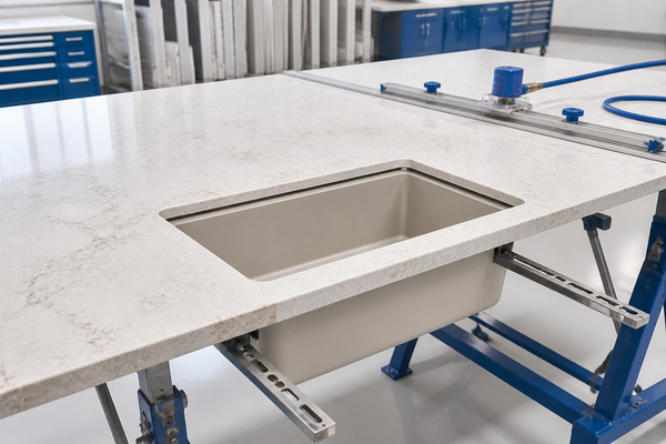 Undermount sink and engineered-quartz countertop mock-up with separate mechanical support rails