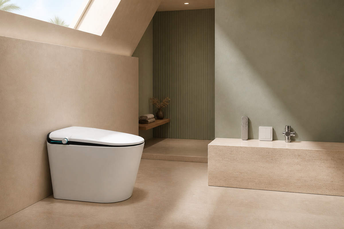 Smart toilet with remote, valve and outlet samples in a hotel specification mock-up