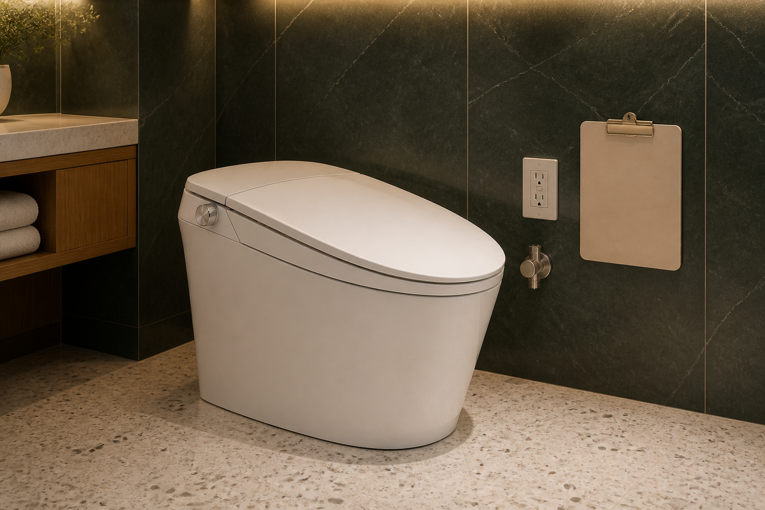 Smart toilet with outlet, shutoff valve and blank commissioning clipboard in a hotel mock-up