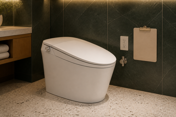 Smart toilet with outlet, shutoff valve and blank commissioning clipboard in a hotel mock-up