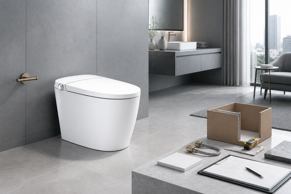 Smart toilet with packaging, connection samples and blank quote documents in a specification mock-up