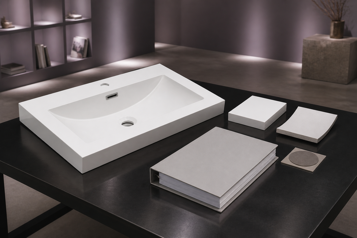 White integrated solid-surface vanity basin with material and repair samples on a review table