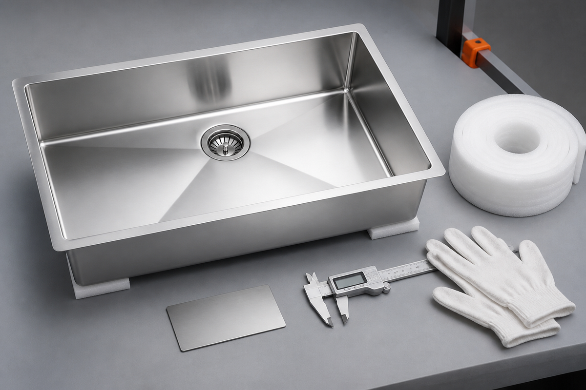 Stainless steel undermount sink with caliper, sample coupon and protective foam on a QC bench