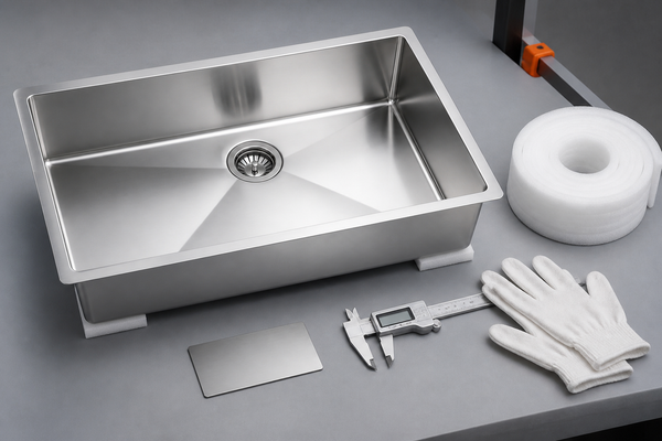 Stainless steel undermount sink with caliper, sample coupon and protective foam on a QC bench
