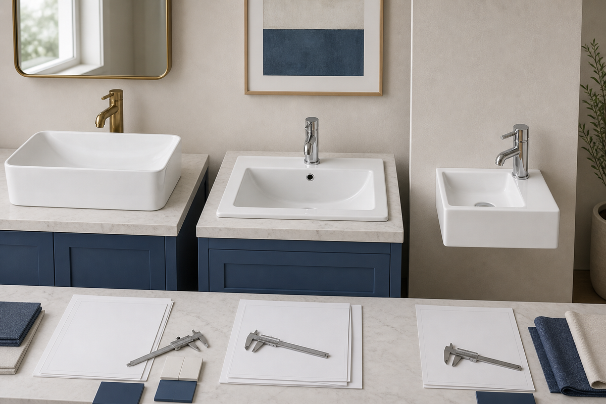 Vessel, drop-in and wall-hung bathroom sink samples displayed with blank submittal documents
