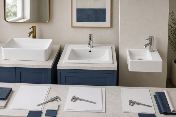 Vessel, drop-in and wall-hung bathroom sink samples displayed with blank submittal documents