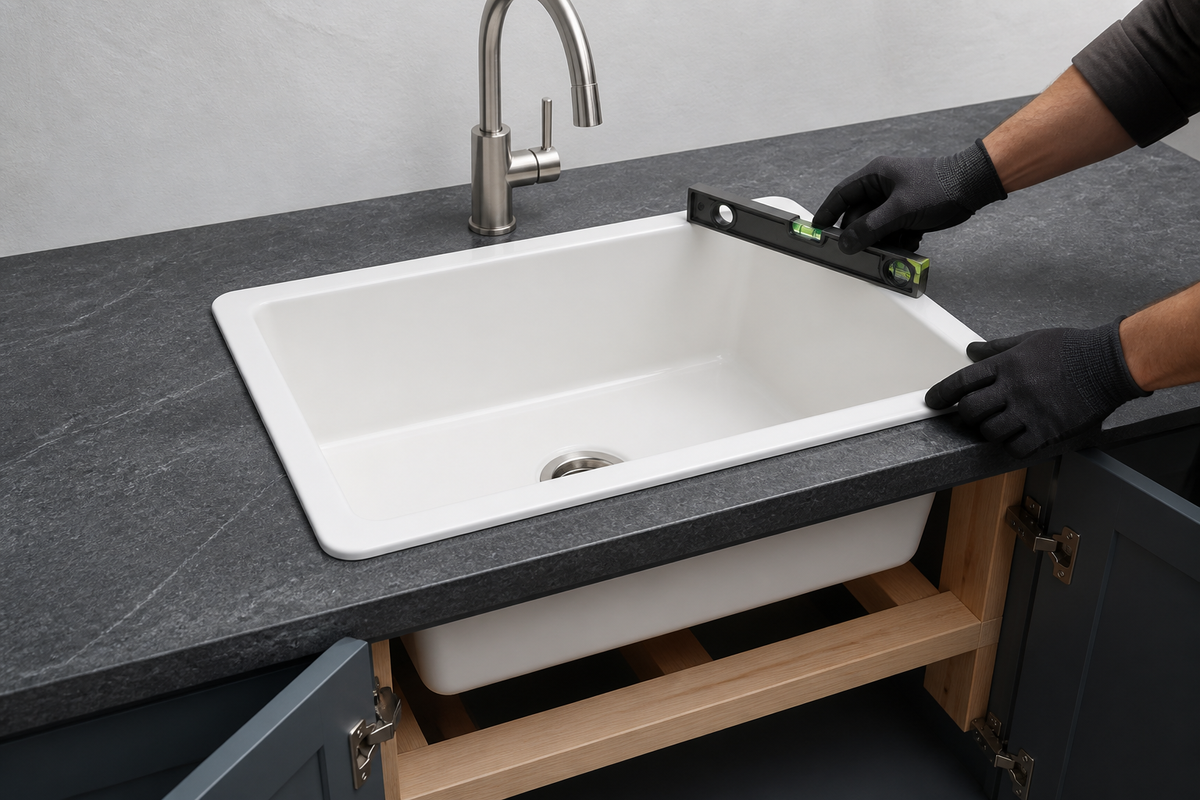 White fireclay drop-in sink with its top rim supported above a dark countertop