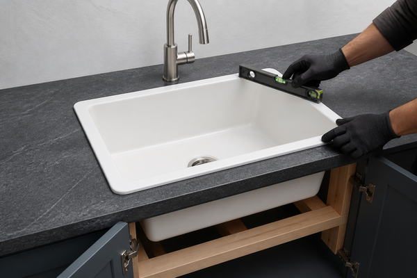 White fireclay drop-in sink with its top rim supported above a dark countertop