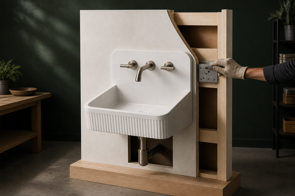 Ribbed wall-mounted basin on a mock-up exposing structural blocking and a support bracket