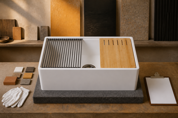 White fireclay workstation sink with material samples on a padded inspection bench