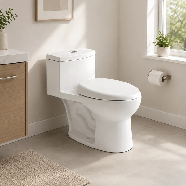 SANIKB 2021 white skirted one-piece dual-flush toilet in a bathroom