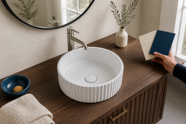 White fluted concrete vessel basin with finish samples on a walnut vanity