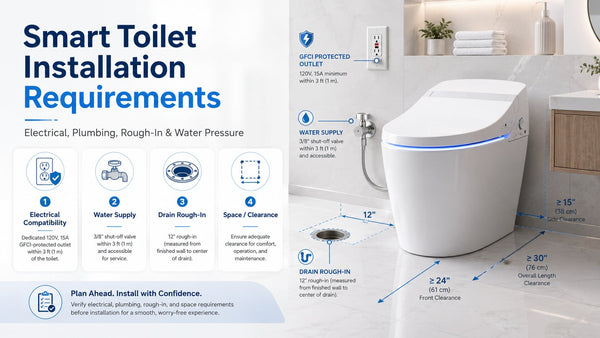 Smart toilet installation planning graphic showing electrical, water supply, drain rough-in, and bathroom clearance checks