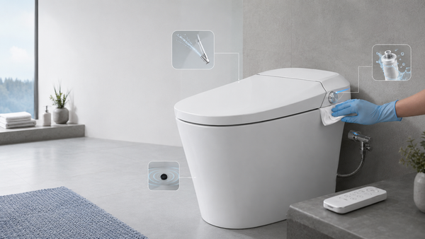 SANIKB smart toilet maintenance scene showing surface cleaning, nozzle care, inlet filter and sensor checks