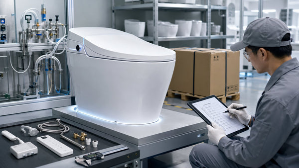 Quality control technician inspecting a smart toilet at a factory testing station before shipment