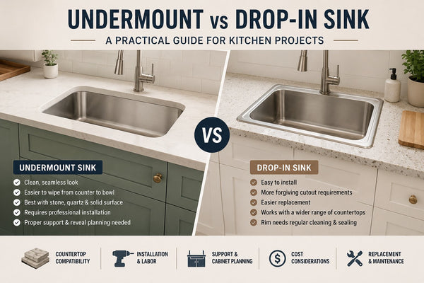 Side-by-side kitchen banner comparing undermount and drop-in sink installation types for project buyers, with countertop, support, cost, and replacement considerations.