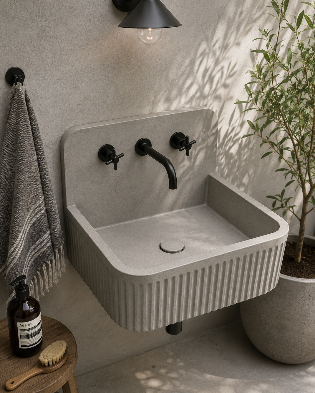 Concrete wall mount sink with fluted front, wall-mounted black faucet, and gray concrete finish in a modern bathroom setting