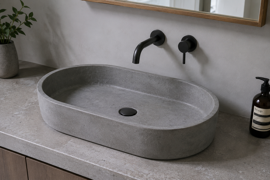 Oval gray concrete sink with wall-mounted black faucet on a modern bathroom vanity.